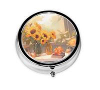 Round mini Pill Box WZYWHJ Sunflowers Under The windowsill Picture Small and Portable with partitions for Medicine Storage for Travel and Daily use