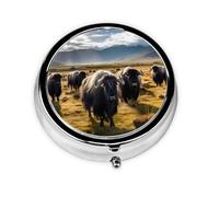 Round mini Pill Box WZYWHJ The Cattle on The Grassland Printing Small and Portable with partitions for Medicine Storage for Travel and Daily use