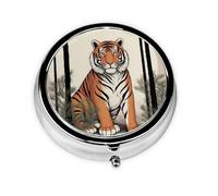 Round mini Pill Box WZYWHJ Tiger Under The Pine Tree Printing Small and Portable with partitions for Medicine Storage for Travel and Daily use