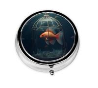 Round mini Pill Box WZYWHJ Trapped Goldfish Printing Small and Portable with partitions for Medicine Storage for Travel and Daily use
