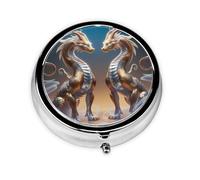 Round mini Pill Box WZYWHJ Two Mythical Creatures Picture Small and Portable with partitions for Medicine Storage for Travel and Daily use
