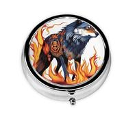 Round mini Pill Box WZYWHJ Wolf Covered in fire Prints Small and Portable with partitions for Medicine Storage for Travel and Daily use