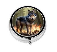 Round mini Pill Box WZYWHJ Wolf in Flames Prints Small and Portable with partitions for Medicine Storage for Travel and Daily use