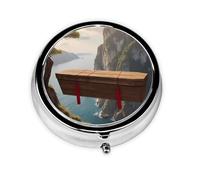 Round mini Pill Box WZYWHJ Wooden Coffin Hanging from Cliff Printing Small and Portable with partitions for Medicine Storage for Travel and Daily use