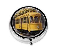 Round mini Pill Box WZYWHJ Yellow Rose Bus Printing Small and Portable with partitions for Medicine Storage for Travel and Daily use