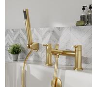 Balterley Bath Mixer Tap with Shower Kit, Dual Lever Round Bath Filler Tap, Round Head Showers for Bathrooms, Bathroom Taps with Shower Head and Hose Set - 228 x 156 x 119mm (Brushed Brass)