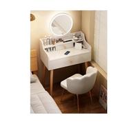 Round Mirror Makeup Vanity Set with Drawer Storage Illuminated Dressing Table for Bedroom (Gray & White) - Stylish 60cm Makeup Desk
