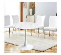 Round Modern Dining Table with Granite Top & Metal Pedestal - Stylish Coffee Table for Kitchen & Dining Room, White Finish, 70cm - Perfect Leisure End Table