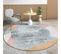 Round Modern Geometric Area Rug, 100 cm Distressed Grey Centre with Pastel Pink, Blue, Orange & Gold Border Rugs, Non-Slip Washable Low-Pile Carpet for Living Room, Bedroom, Dining Room & Entryway