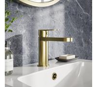 Balterly Bathroom Sink Taps, Mono Basin Mixer Tap with Pop Up Waste, Single Lever Temperature Control Bathroom Tap, Round Body, Flat Rounded Tip Spout Basin Taps - 50 x 166 x 149mm (Brushed Brass)