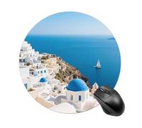 Round Mouse Mat Santorini Greek Island Sea View Desk Pad Stitched Edges Durable Washable Writing Mat, For Work, Laptop, Home, Study, 20cm