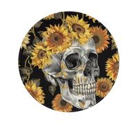 Round Mouse Pad 8 x 8 Inch, Sugar Skull Vintage Skeleton Sunflower Floral Plant Mousepad for Laptop Gaming, Washable Desktop Protection Mouse Mat with Non-Slip Rubber Base