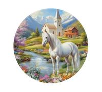 Round Mouse Pad 8 x 8 Inch, White Horse Church Village River Mousepad for Laptop Gaming, Washable Desktop Protection Mouse Mat with Non-Slip Rubber Base
