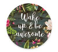 Round Mouse Pad Custom, Wake Up And Be Awesome Inspirational Quotes Mouse Pad Vintage Hand Drawn Floral Wreath Art On Rustic Wood White Quote