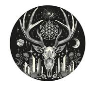 Round Mouse Pad Deer Skull Moon Flower Sacred Geometry Black Desk Pad Comfortable With Non-Slip Rubber Base Portable Table Mat, For Study, Laptop, Office, Work, 20cm