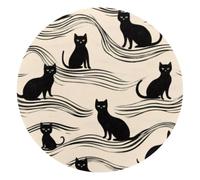 Round Mouse Pad for Women Men, 10’’ Round Desk Pad Mousepad Non-Slip Rubber Base, Office Home Laptop Accessories, Vintage Black Cats on Wavy Background