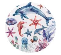 Round Mouse Pad for Women Men, 10’’ Round Desk Pad Mousepad Non-Slip Rubber Base, Office Home Laptop Accessories, Watercolor Coral Dolphin Crab Seahorse Jellyfish Starfish