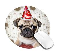 Round Mouse Pad with Non-Slip Rubber Base Cute Happy Birthday Pug Puppy Mouse Mat with Stitched Edge Gaming Mousepad for Wireless Mouse Computer Laptop Home Office Desk Pad 8"