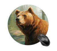 Round Mousepad Funny Small MouseMat with Non-Slip Rubber Base and Stitched Edge Brown Bear Water and Trees Gaming Mousepad for Home Office Dorm Desk Decor Accessories 7.8x7.8 Inches