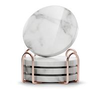 Round Natural Marble Coaster Set with Holder, 4 Pcs Bianco Carrara Coasters | Natural Italian Carrara White Marble with Double-Sided Polished Surface, Open Base and Elegant Stand, Home decor, Good gift