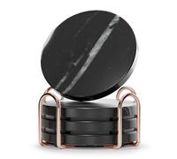 Round Natural Marble Coaster Set with Holder, 4 Pcs Black Marquina Coasters | Double-Sided Polished，4 Inch Marble Drink Coasters for Coffee Table, Home Kitchen, Dining Room, Gift Box