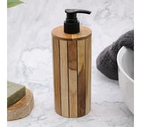 Round Natural Teak Wood Soap Dispenser - Wooden Base Manual Lotion Cream Pump
