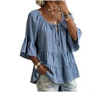 Round Neck Casual Top Women Cotton Blend Summer(Blue XL)