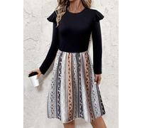 Round Neck Long Sleeve Ruffle Shoulder Mini Dress, Spliced Ethnic Vertical Striped A-Line Dress