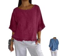 Round Neck Ruffled Hem Mid-Sleeve Cotton and Linen Top Loose Fit Fashion Ruffled Hem Shirts Women's Linen Blouses (Red,XL)