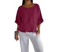 Round Neck Ruffled Hem Mid Sleeve Cotton and Linen Top Solid Round Neck Casual 3/4 Short Tops Sleeve Blouse Tops (Wine Red,Large)