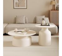 Round Nesting Coffee Table Set of 2,Oak Wood Center Table with Metal Base,Mid Century Modern Side Tables for Small Space Living Room(27.6" W＋19.7" W, White B)