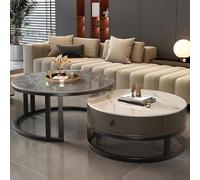 Round Nesting Coffee Table Set of 2 with Storage Drawer, Marble and Metal, Mid-Century Modern Design for Living Room, Large and Small Sizes