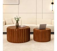 Round Nesting Coffee Tables Set of 2, Solid Wood Fluted Coffee Table with Hidden Storage, No Assembly Required, Mid-Century Modern Stackable End Tables for Living Room, Bedroom, Balcony - Walnut