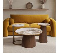 Round Neutral Ceramic Nest of 3 Tables with Walnut and Brass Bases - Malia