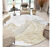 Round NonSlip Washable Area Rug for Living Room & Kitchen - Abstract White Carpet with Gold Lines Short Pile 160 cm Diameter Ideal for Dining & Laundry Spaces