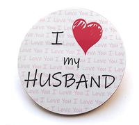 Round Novelty Coaster with Romantic Love Message - I Heart Design - Unique Birthday Gift- Made in UK (I Heart My Husband)