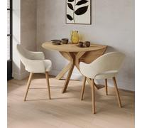 Round Oak Drop Leaf Dining Table Set with 2 Beige Upholstered Chairs - Seats 2 - Carson