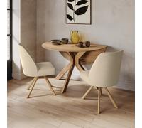 Round Oak Drop Leaf Dining Table Set with 2 Beige Upholstered Swivel Chairs - Seats 2 - Carson