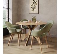 Round Oak Drop Leaf Dining Table Set with 4 Sage Green Velvet Chairs - Seats 4 - Carson