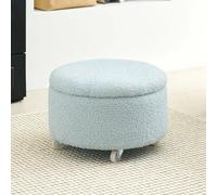 Round Ottoman Storage Stool for Living Room & Bedroom Soft Upholstered Foot Rest with Lid Teddy Velvet Vanity Seat on Wheels (Blue) - Stylish & Functional