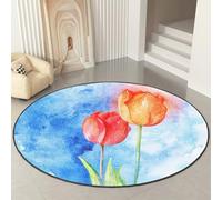 Round Outdoor Rug Orange Blue Flower Washable Rugs for Living Room Fluffy Low Pile Soft Touch Floor Carpet Non Slip for Patio Garden Balcony Decorative Circle Rug 120 cm