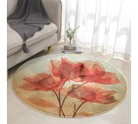 Round Outdoor Rug Orange Red Flowers Washable Rugs for Living Room Fluffy Low Pile Soft Touch Floor Carpet Non Slip for Patio Garden Balcony Decorative Circle Rug 100 cm
