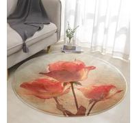 Round Outdoor Rug Orange Retro Flower Washable Rugs for Living Room Fluffy Low Pile Soft Touch Floor Carpet Non Slip for Patio Garden Balcony Decorative Circle Rug 100 cm