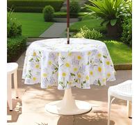 Round Outdoor Tablecloth 150cm - Tablecloth with Parasol Hole and Zipper, Wipeable Table Cloth Floral Waterproof Table Cover Circular Wipe Clean Tablecloths for Garden Table, Patio, Picnic,White Daisy