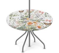 Round Outdoor Tablecloth with Umbrella Hole and Zipper Spring Flowers Butterfly Waterproof Round Fitted Tablecloth with Elastic Wipeable Table Cloth for Picnic, Patio,Garden (45"-56")