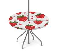 Round Outdoor Tablecloth With Umbrella Hole Cute Red Strawberry Lovely Fruit Waterproof Patio Picnic Camping Essentials for 36-44" Tables