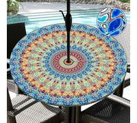 Round Outdoor Tablecloth with Umbrella Hole Waterproof Patio Table Covers Round Fitted Tablecloth with Elastic Zippered Outdoor Table Cloth for Picnic, Camping, Garden (45''-52'')