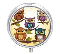 Round Owls Birds Pill Box Small Pill Case with 3 Compartment Portable Metal Medicine Organizer Mini Travel Medicine Vitamin Supplement Container for Pocket Purse