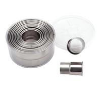 Round Pastry & Biscuit Cutters, 12 Piece Stainless Steel Set | Features 12 graduated sizes from 2.54 cm to 11.43 cm with smooth polished surfaces for clean dough release.
