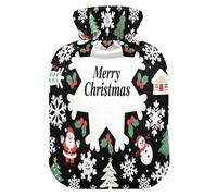 Round Pattern Merry Christmas White Snowflake Black hot Water Bottle with Soft Cover, 1L Warm Water Bottle for Bed for Menstrual Cramps,Menstrual Cramps,Bolsa Caliente para Dolores Menstrual